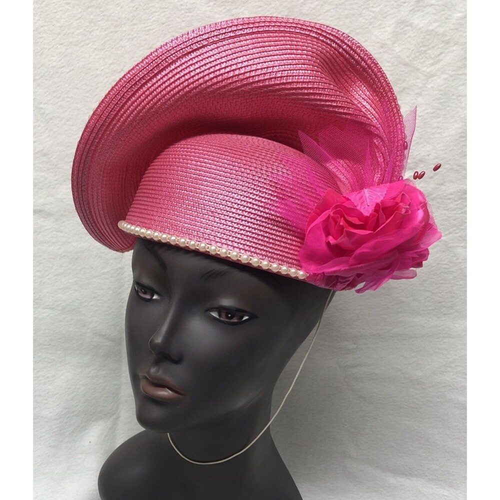 Vtg Church Hat Pink Sculptured Raised Brim Flower Pearl Trim Derby Barbiecore